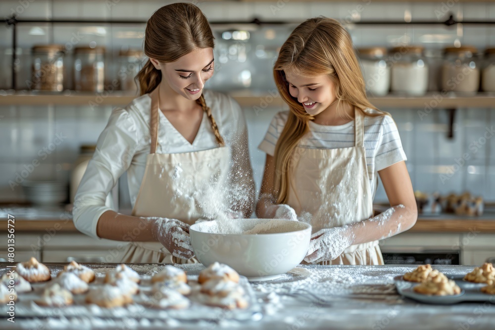 A mother and daughter mixing ingredients in a bowl during baking cookies. AI generative