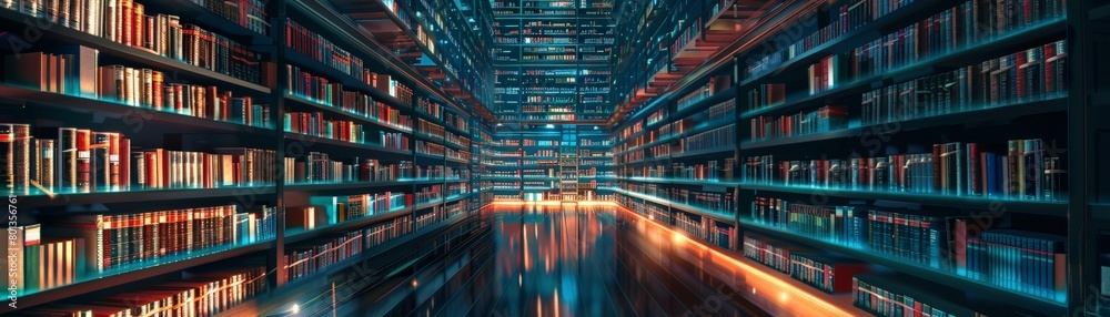 A library with towering bookshelves overflowing with servers, glowing light emanating from their cores like digital knowledge. 