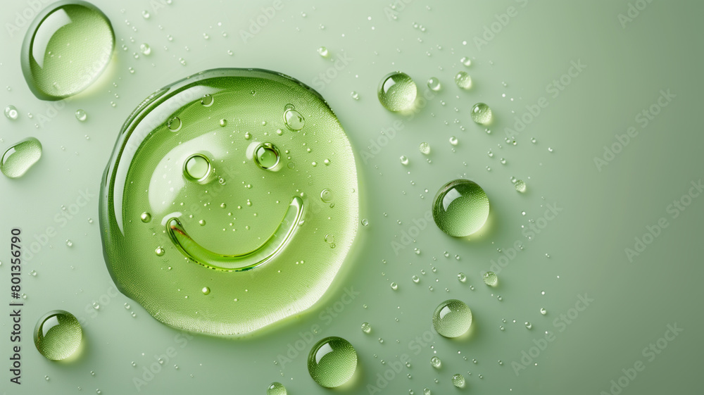 Top view of transparent green liquid drops with smile emoji face on soft green color background with copy space for text. clean minimal style.