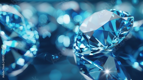 Blue diamond gem positioned on a reflection background  presented in a 3D rendering.