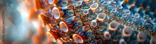 A macro shot of a colorful seashell, revealing the intricate patterns and textures of its surface, with tiny barnacles clinging to its ridges  photo