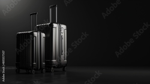 Three black sleek hard-shell suitcases with telescopic handles on a dark background. photo