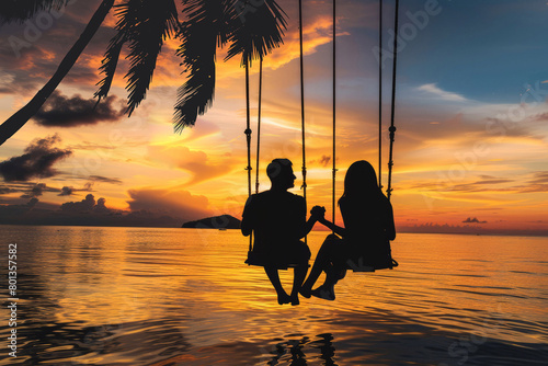 A young couple in love swings on a swing on a beach with palm tr