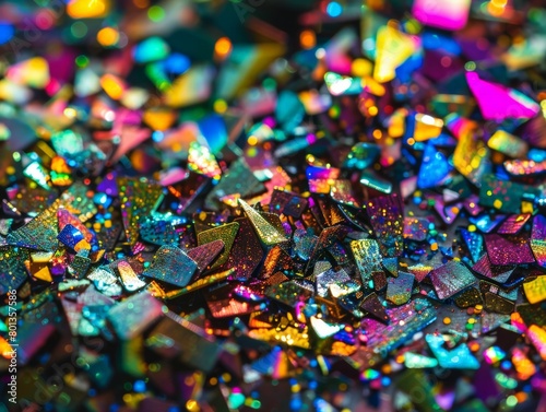 A macro shot of colorful, metallic flakes scattered across a surface, their edges catching the light and creating a mesmerizing mesh pattern. 