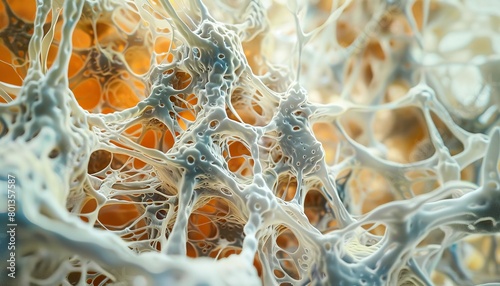 A microscopic view of a biological cell, its intricate network of organelles and membranes resembling a complex mesh of particles and lines. 
