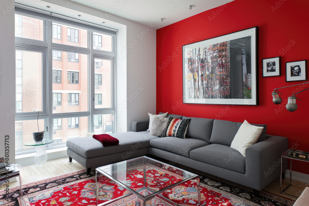 Fototapeta premium An elegant living room with red walls, white ceiling and floor. The wall is painted in vibrant coral color to add warmth and energy to the space.