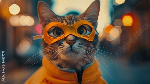 Stylized portrait of a cat in a superhero costume with mask and cape in a city at twilight.