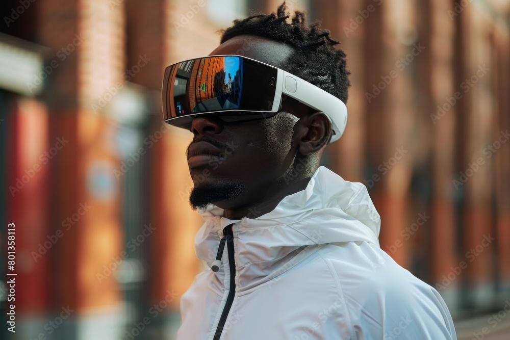 Man with high-tech VR goggles in urban setting, embodying the blend of technology and lifestyle in contemporary society, concept of future tech and urban life