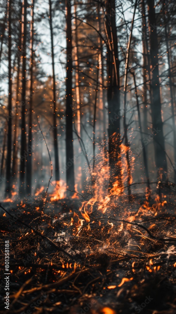 Close-up of a forest floor with vibrant flames and embers. The raw power and beauty of fire in nature.