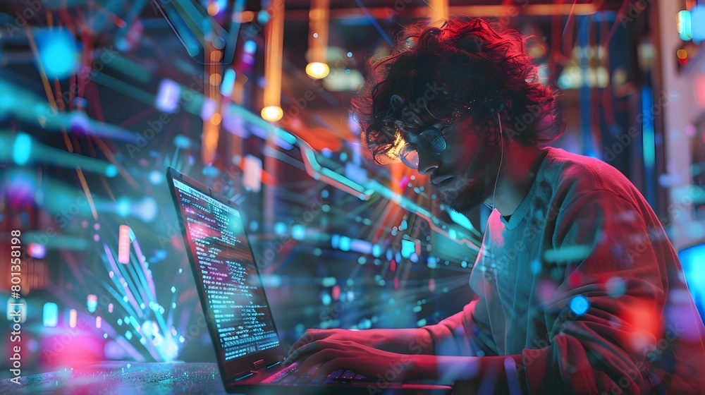A programmer deeply focused on coding and software development on a laptop computer in a modern high tech workspace with digital displays and A programmer deeply focused on coding and software development on a laptop computer in a modern high tech workspace with digital displays and