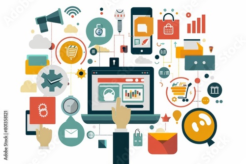 Wallpaper Mural A cartoon image of a hand using a laptop with a lot of technology and business icons around it. Torontodigital.ca