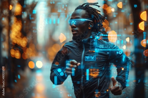 Runner with augmented reality glasses at night, a high-tech fitness experience, concept of futuristic health and technology integration in sports © Picza Booth