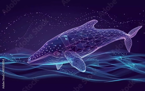 Abstract night whale digital landscape. Digital low poly wireframe vector illustration with very beautiful 3D effect photo