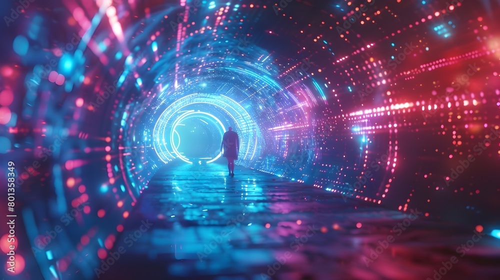Fototapeta premium Glowing Interdimensional Tunnel of Mesmerizing Digital Lights and Patterns