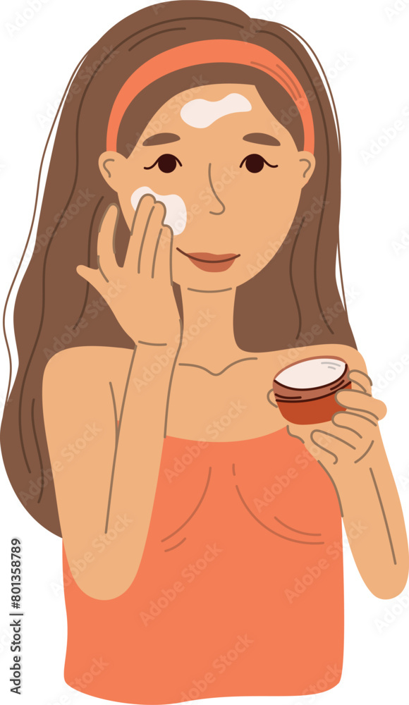 Woman applying cream, skin care concept, facial skin care banner, vector illustration Woman applying cream, skin care concept, facial skin care banner, vector illustration