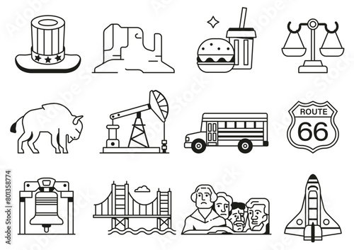 USA Icons and Design Elements in Line Art (ID: 801358774)