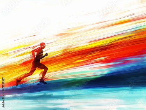 A minimalist line art sketch of a runner in motion, the background a colorful blur suggesting speed 
