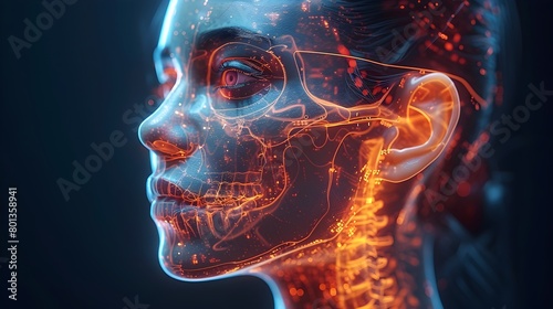 Futuristic Medical Hologram Visualizing Otitis Media Infection in Detailed Skeletal X Ray