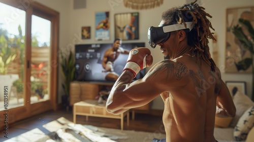Shirtless Man with Tattoos Training in Virtual Reality Boxing with On-screen Guide, Concept of Integrating Technology for Personal Fitness and Skill Development photo