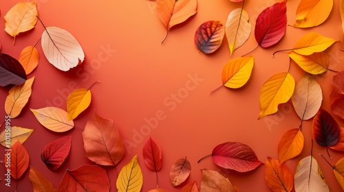Autumn Leaves Array on Warm Orange Background