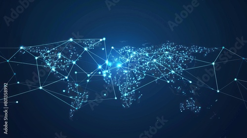 Conceptual illustration of a global network connection depicted through points and lines on a world map, symbolizing global business interactions. Vector