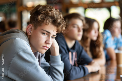male teenager having no friends sitting sad photo