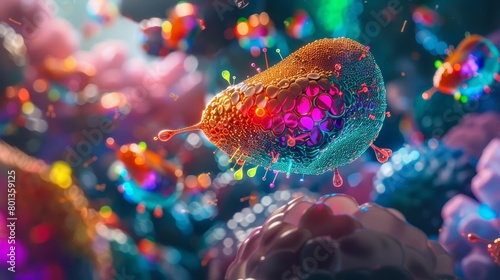 Hepatitis viruses shimmer in an array of colors on a cyberpunk liver model, showcasing their infection pathways and liver cell interactions in a macro concept photo