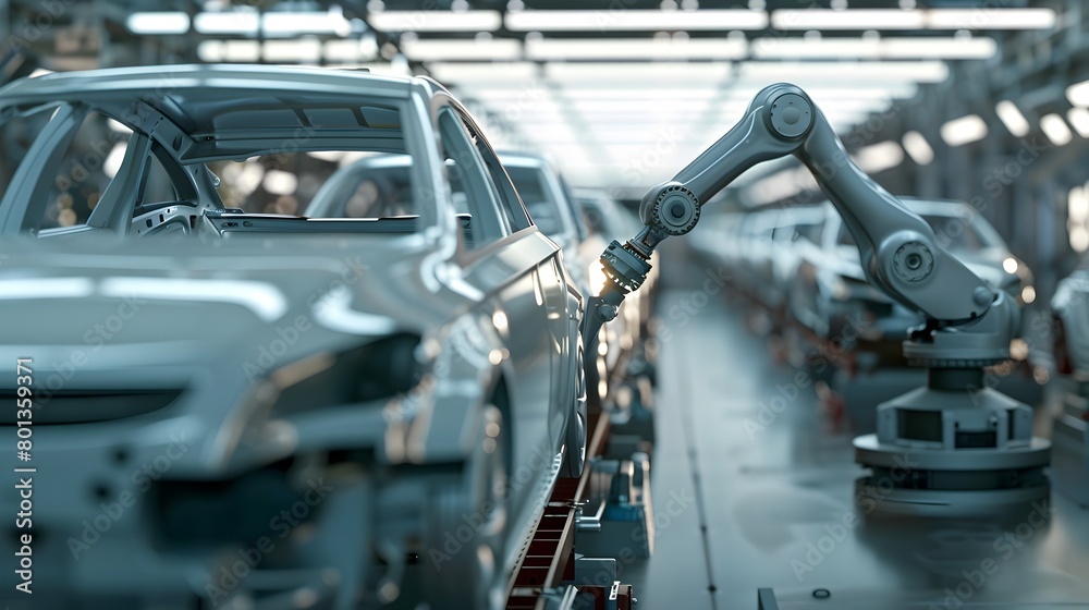 Robotic Assembly Line in Modern Industrial Factory with Metallic Machinery and Conveyor Belt Robotic Assembly Line in Modern Industrial Factory with Metallic Machinery and Conveyor Belt