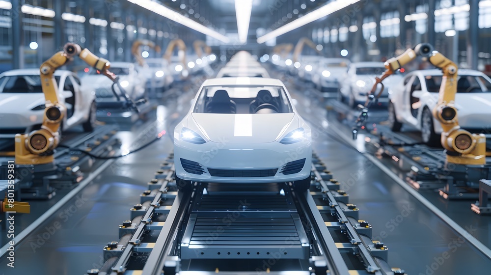 Futuristic Automotive Assembly Line with Advanced Robotic Machinery and Automation in Modern Industrial Factory Futuristic Automotive Assembly Line with Advanced Robotic Machinery and Automation in Modern Industrial Factory