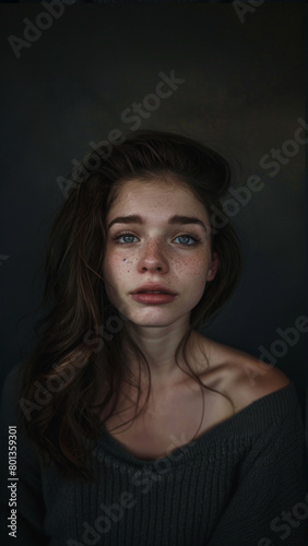 close-up, editorial photograph of a 21 year old woman, background inside dark, moody