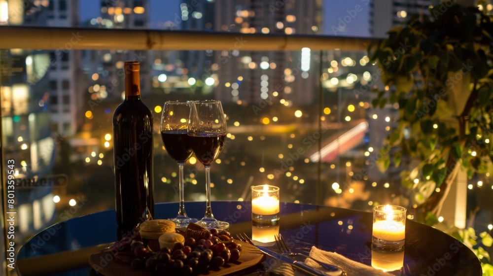 Intimate balcony dinner overlooking the city lights at night