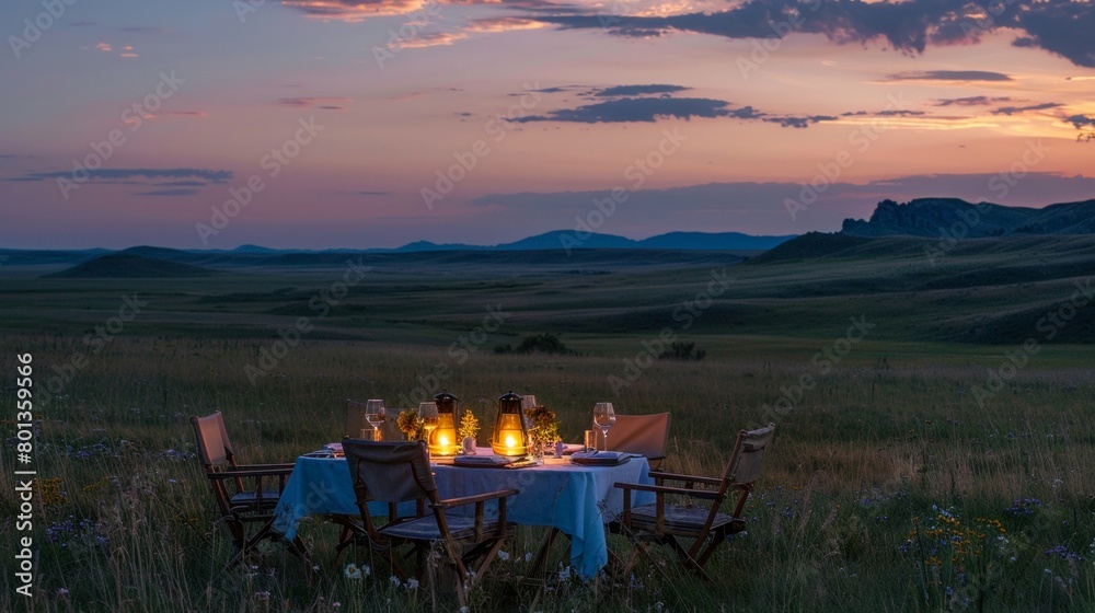 Luxurious outdoor dining on a prairie with Tortellini and Samgyetang served under the open sky