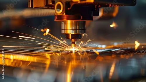 Laser cutting metal with impressive sparks in a high tech industrial workshop description This image captures an impressive scene of laser cutting at