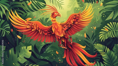 Iconic Firebird in a stylized coconut grove flat design with proto-Renaissance influences © reels