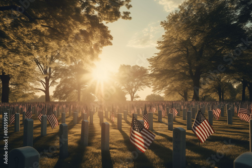 Rows of white gravestones adorned with American flag