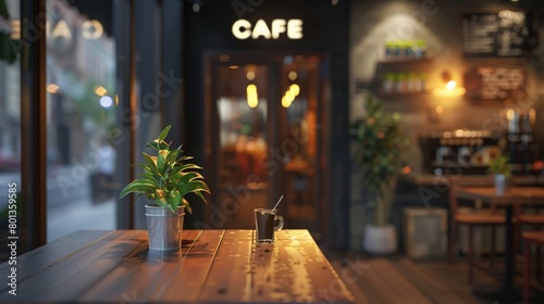 Modern coffee shop entrance featuring a stylish welcome sign above the door with a blurred street view background