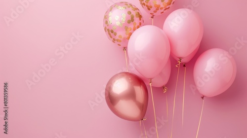 Pink and rose gold balloons on a pink background.