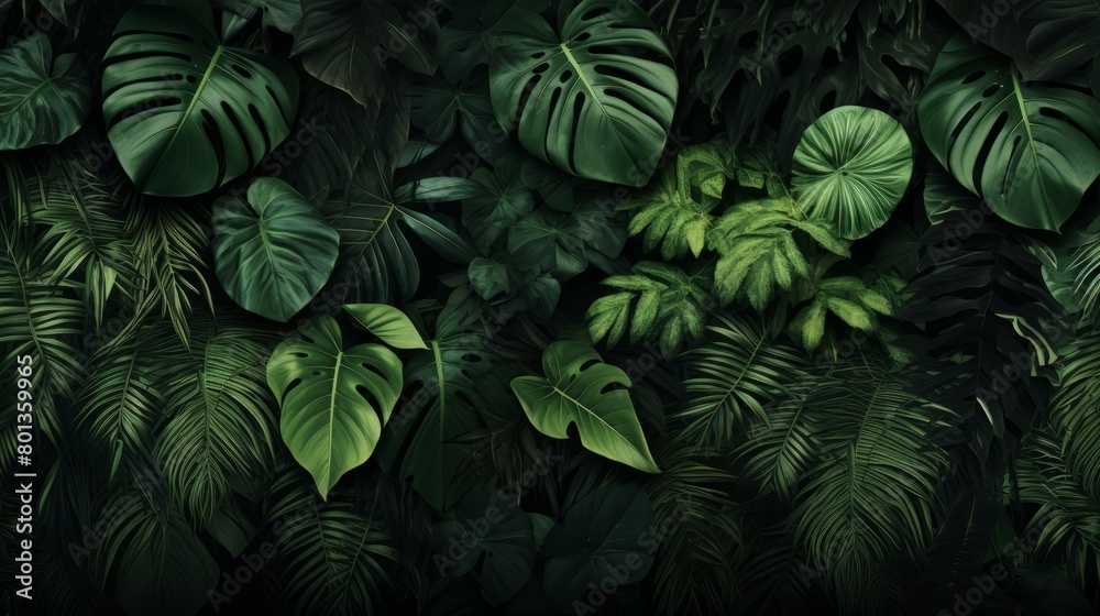 Fototapeta premium Tropical jungle Monstera plant leaves. Jungle wall background. Green tropical palm leaves with monstera foliage forest