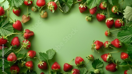 Vibrant frame of fresh strawberries with leaves on a green background, ideal for copy space.