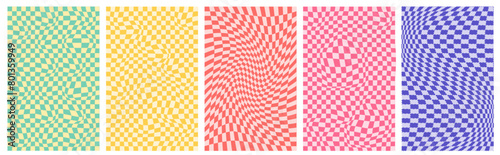 Groovy checkered distorted and twisted backgrounds, vibes of hippies and 60s and 70s. Vector illustration.