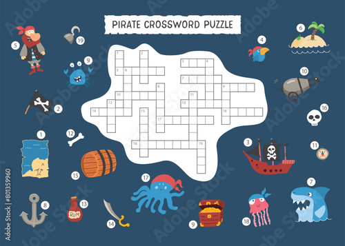 Crossword puzzle game for children in English, Cute cartoon Pirate elements named in English. Vector illustration A4 - ready to print format. © saint_antonio