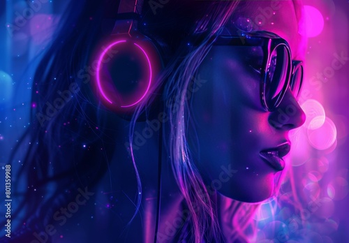 Neon-lit poster featuring a sultry DJ dancer in a nightclub. Ideal for mixtapes, book covers, song albums, and covers. © Nicat