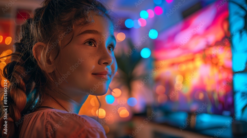 Young girl gazing with wonder at colorful lights in a cozy indoor setting, concept of childhood enchantment and festive celebration Young girl gazing with wonder at colorful lights in a cozy indoor setting, concept of childhood enchantment and festive celebration