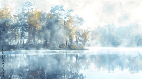 Tranquil Winterscape with Misty Lake and Reflective Trees in Serene Forest Landscape photo