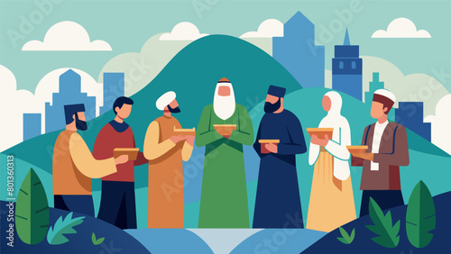 On a hilltop overlooking a city a group of religious leaders stand together each holding a symbolic item representing their faith as they offer. Vector illustration