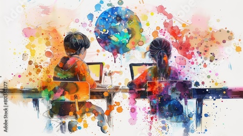 A watercolor painting of two children, a boy and a girl, sitting at a desk and looking at a laptop photo