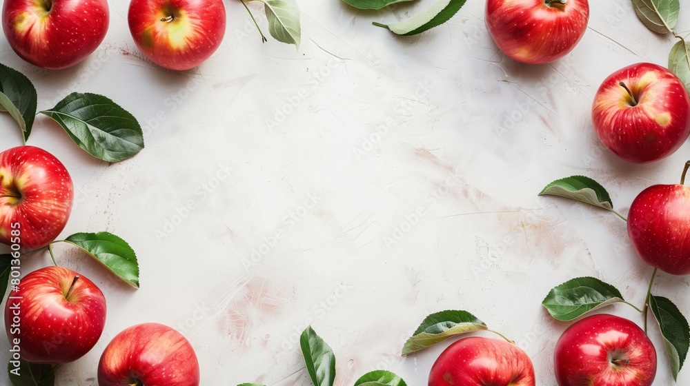 Fresh red apples with green leaves spread on a textured white background, suitable for banner use.