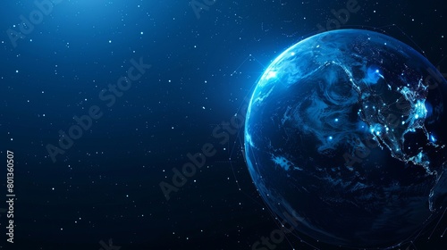 Deep blue vector backdrop featuring Earth with abstract technological rings orbiting around it, representing global communication systems and satellites in motion.