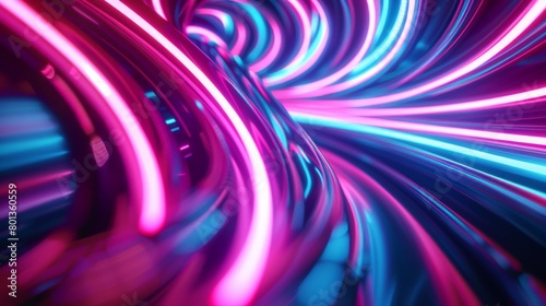 A network of glowing neon tubes forming a twisting vortex, with the colors blurring together to create a sense of disorientation due to high speed  photo