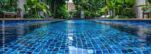 The swimming pool of the luxury hotel is surrounded by lush greenery, creating an inviting and relaxing atmosphere for guests to relax in the sun or splash around on their vacation